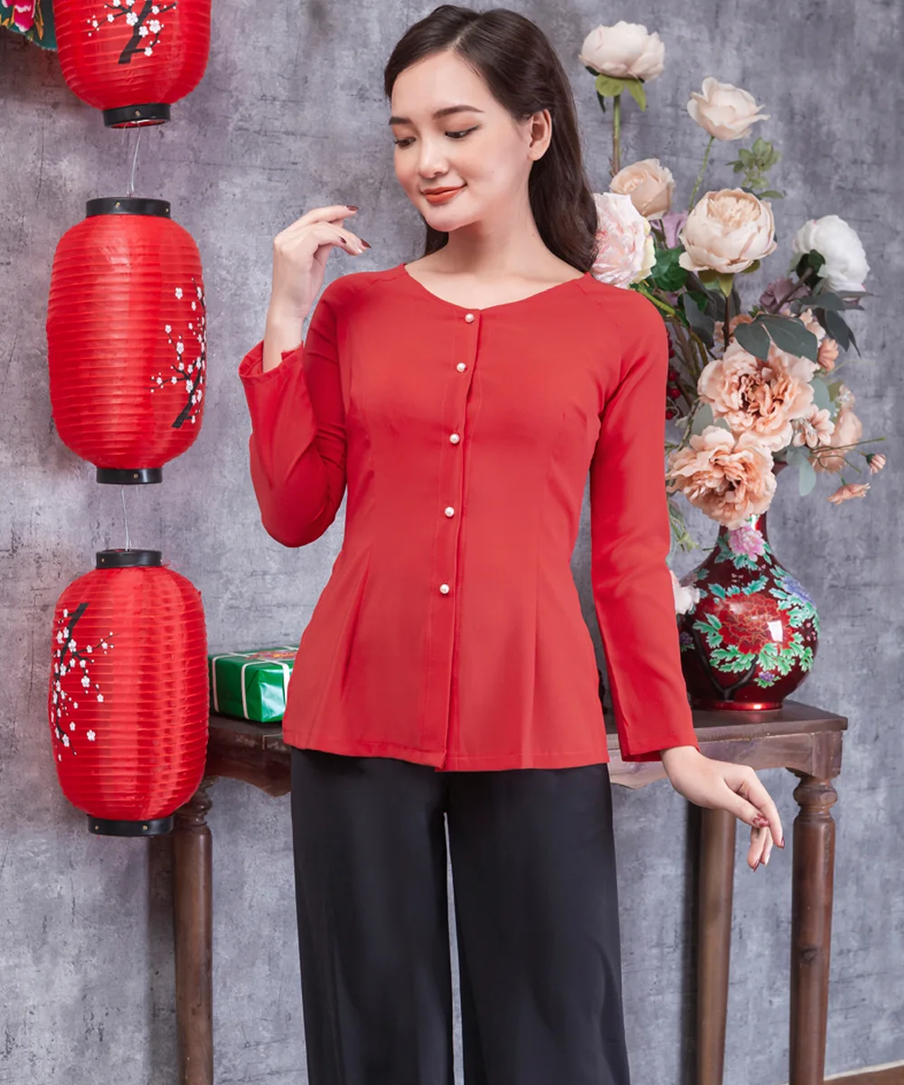 Áo Bà Ba Nữ Màu Đỏ Tay Dài Phối Quần Đen - ảnh 4