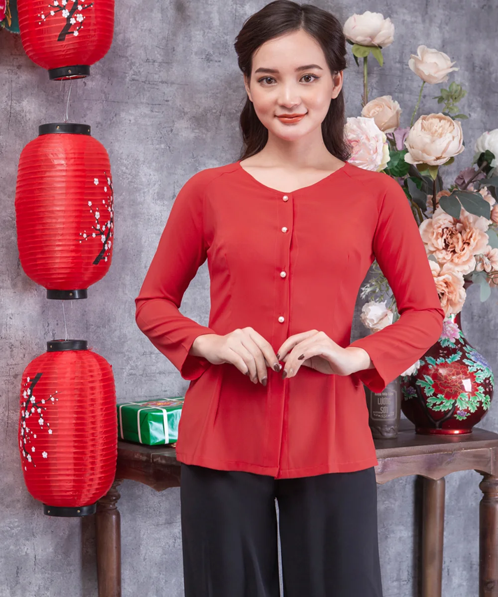 Áo Bà Ba Nữ Màu Đỏ Tay Dài Phối Quần Đen