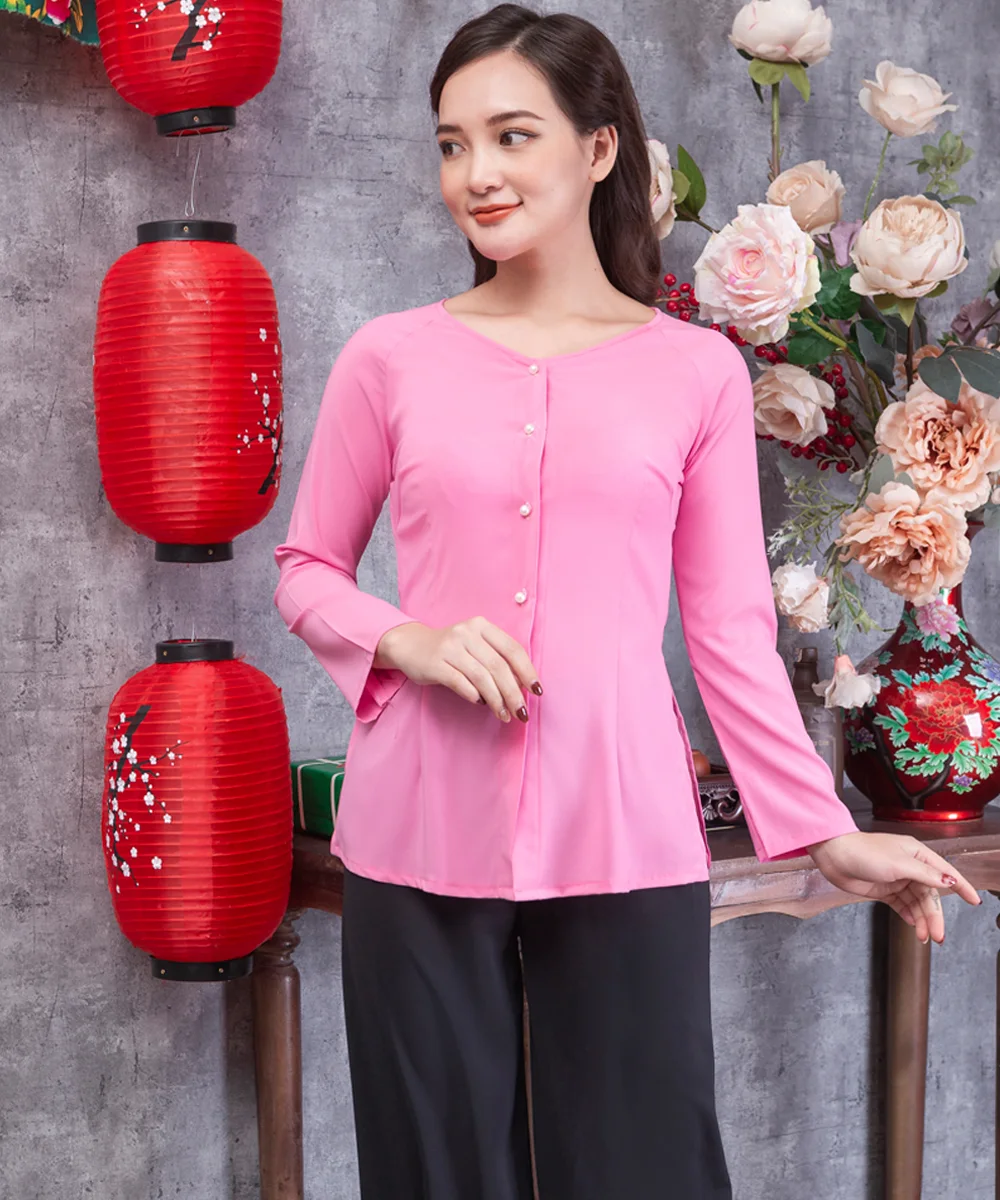 Áo Bà Ba Nữ Màu Hồng Tay Dài Phối Quần Đen - ảnh 2