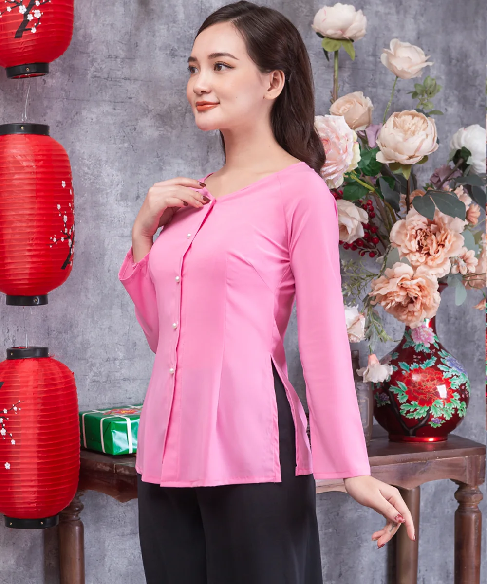 Áo Bà Ba Nữ Màu Hồng Tay Dài Phối Quần Đen - ảnh 3