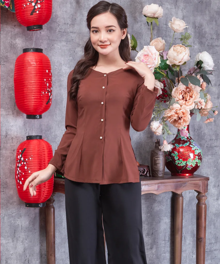 Áo Bà Ba Nữ Màu Nâu Tay Dài Phối Quần Đen