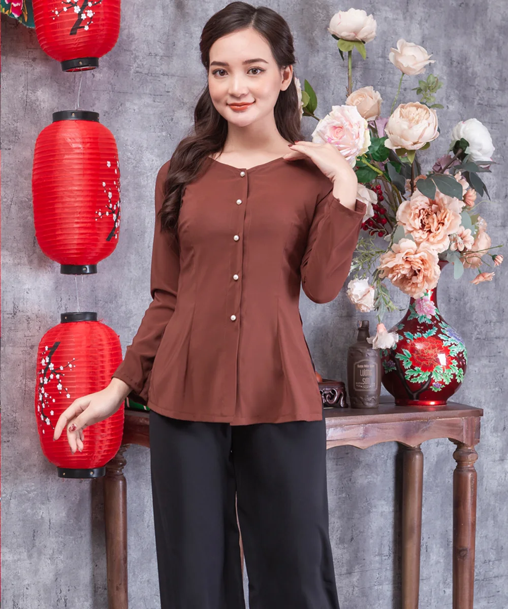 Áo Bà Ba Nữ Màu Nâu Tay Dài Phối Quần Đen