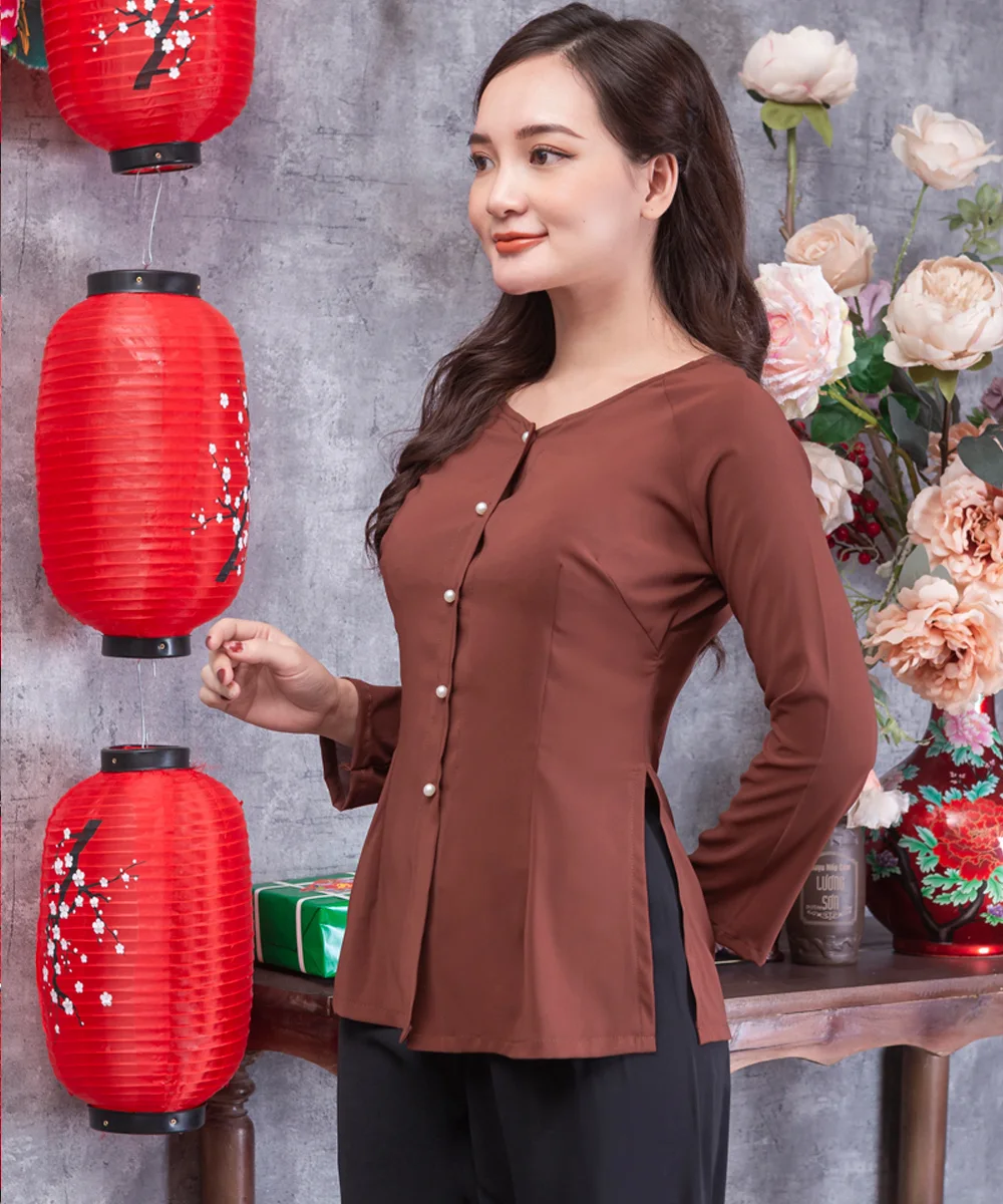Áo Bà Ba Nữ Màu Nâu Tay Dài Phối Quần Đen - ảnh 2