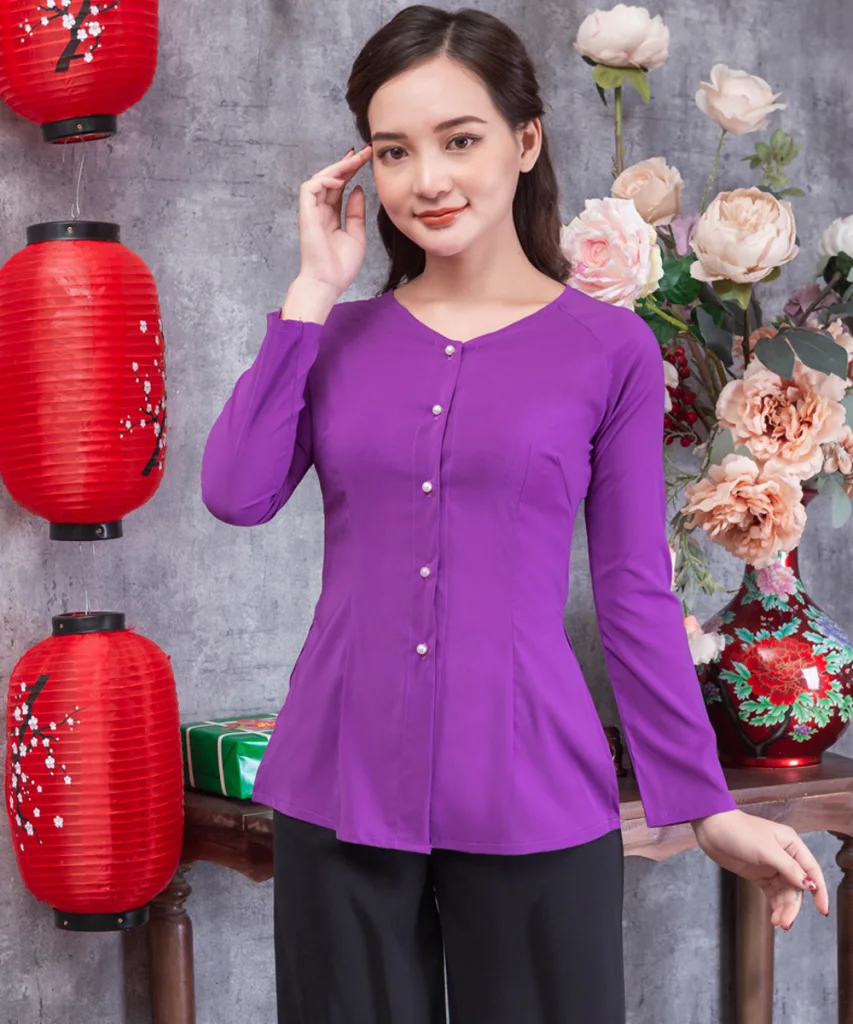 Áo Bà Ba Nữ Màu Tím Tay Dài Phối Quần Đen