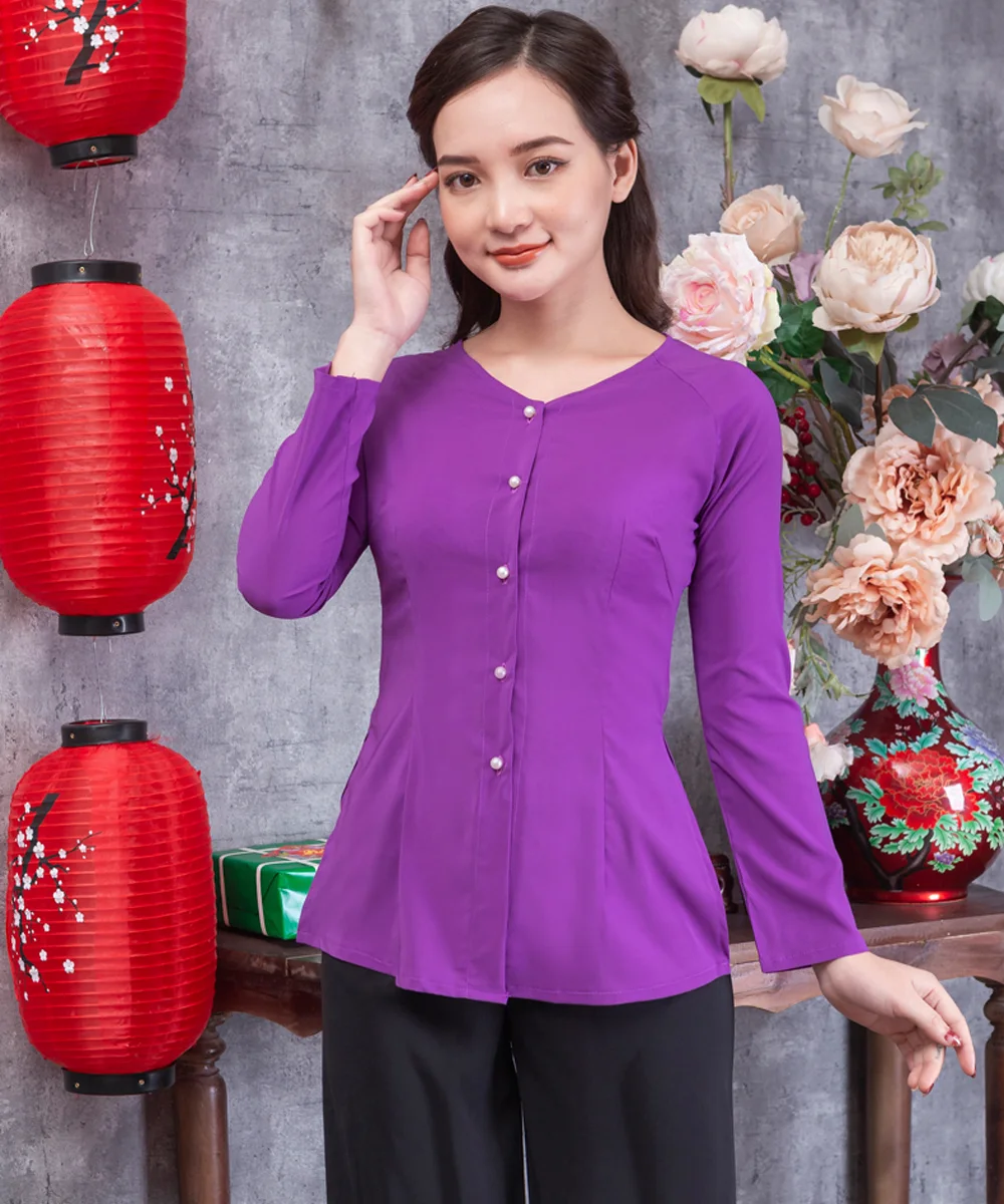 Áo Bà Ba Nữ Màu Tím Tay Dài Phối Quần Đen