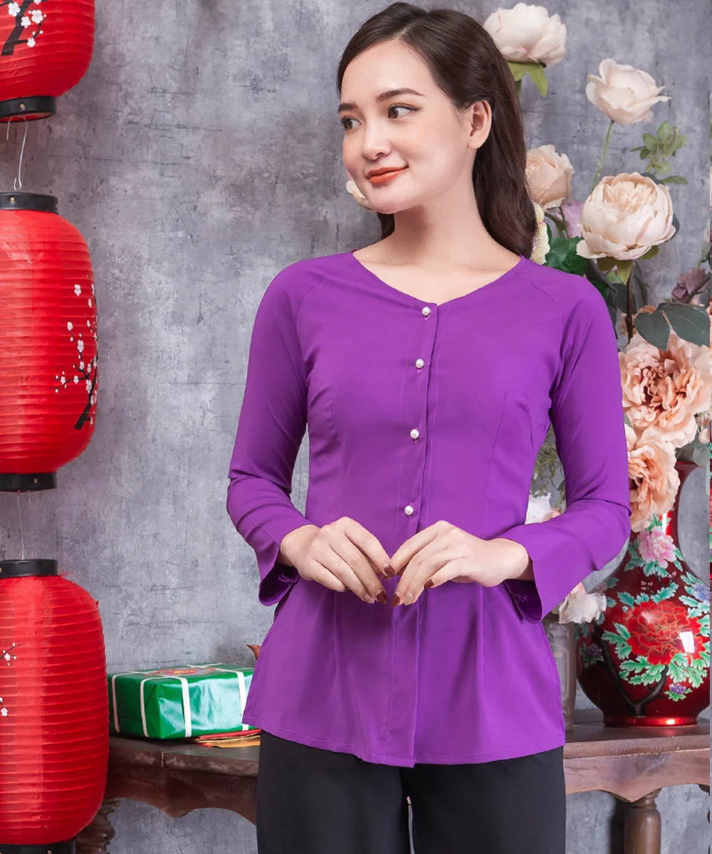 Áo Bà Ba Nữ Màu Tím Tay Dài Phối Quần Đen - ảnh 3