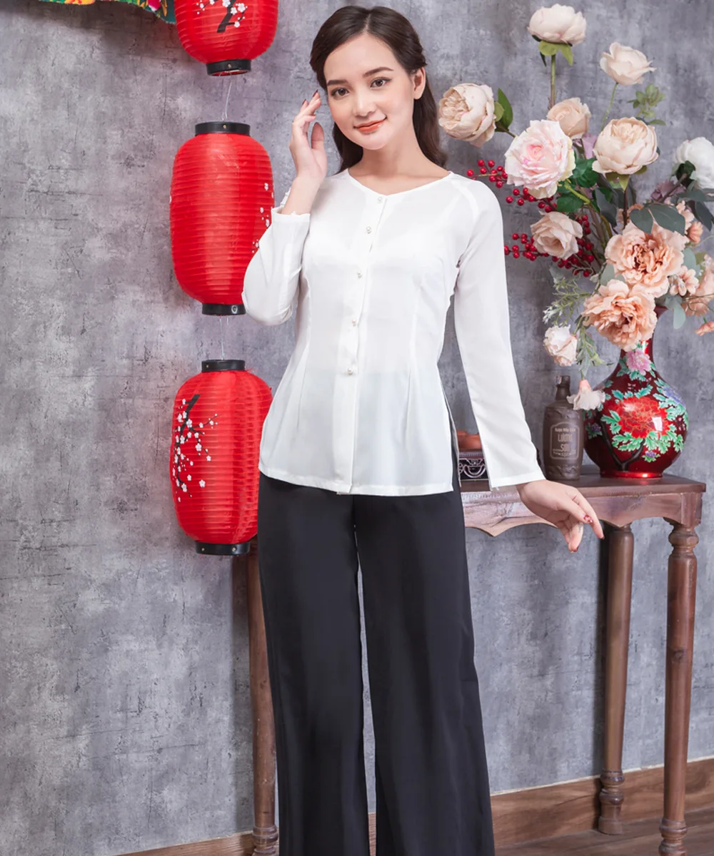 Áo Bà Ba Nữ Màu Trắng Tay Dài Phối Quần Đen - ảnh 2