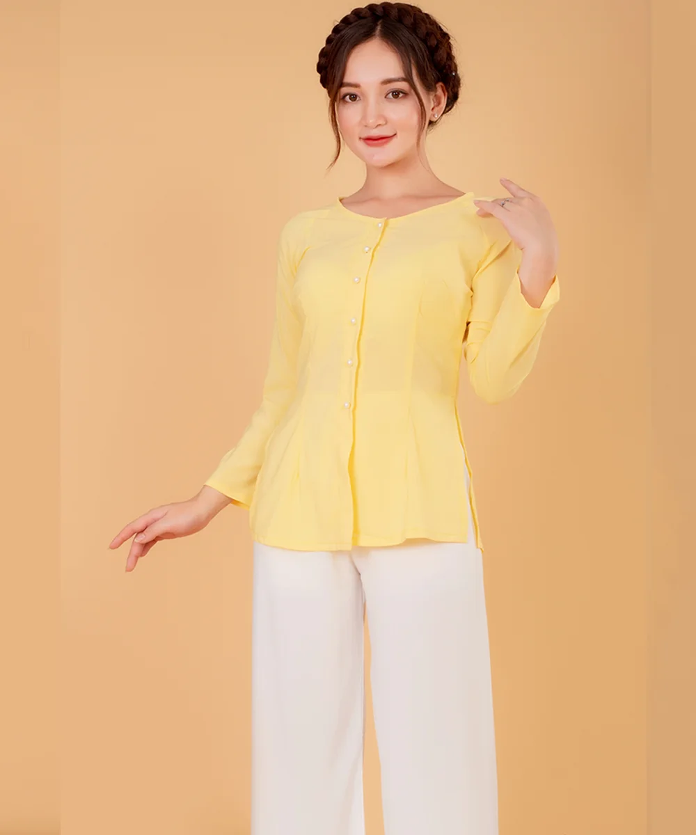 Áo Bà Ba Nữ Màu Vàng Nhạt Tay Dài Phối Quần Trắng - ảnh 2