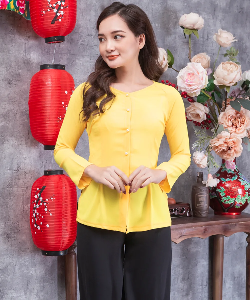 Áo Bà Ba Nữ Màu Vàng Tay Dài Phối Quần Đen - ảnh 3