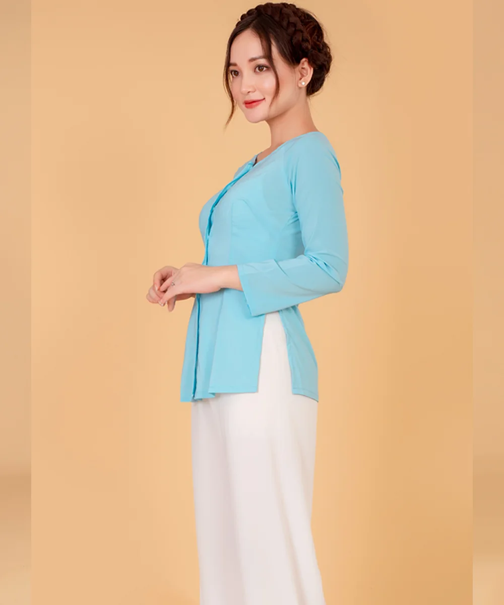 Áo Bà Ba Nữ Màu Xanh Da Trời Tay Dài Phối Quần Trắng - ảnh 2