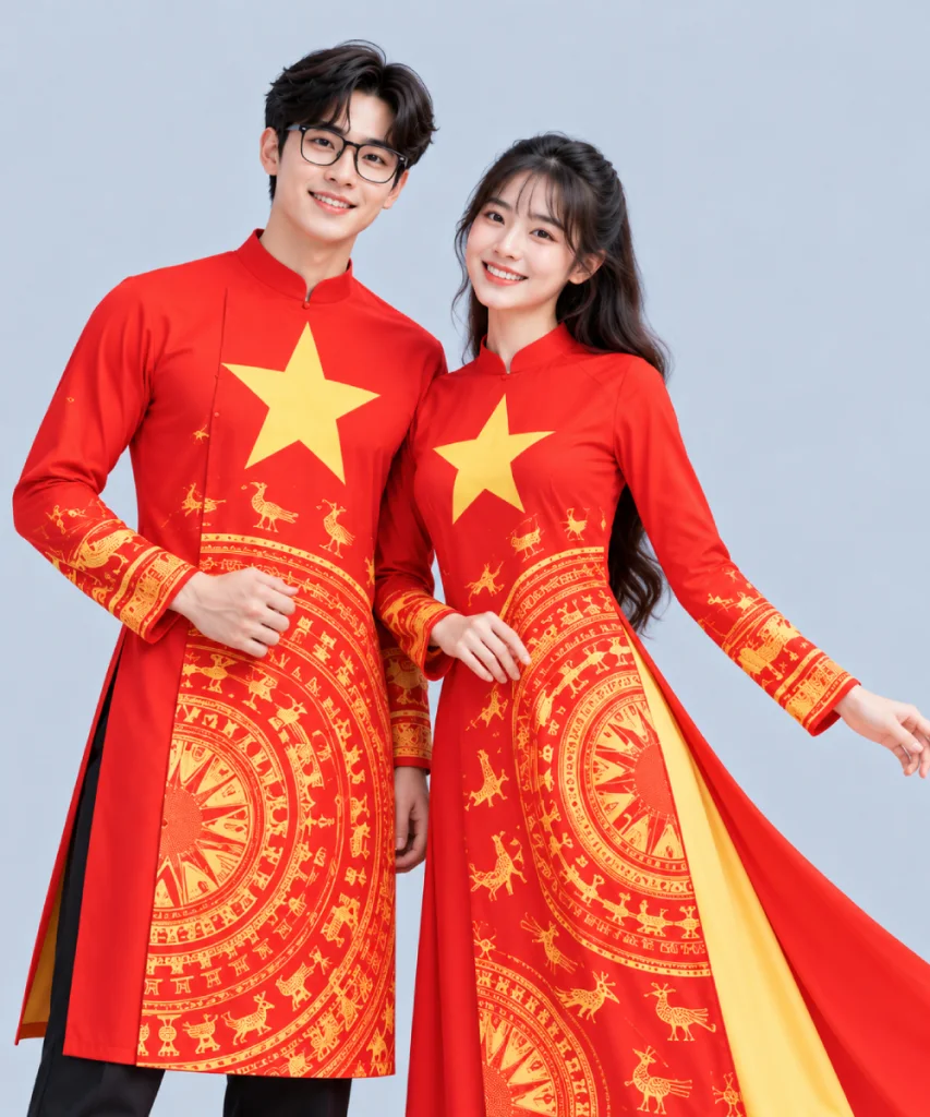 Áo Dài Cờ Đỏ Sao Vàng Vạt In Họa Tiết Trống Đồng