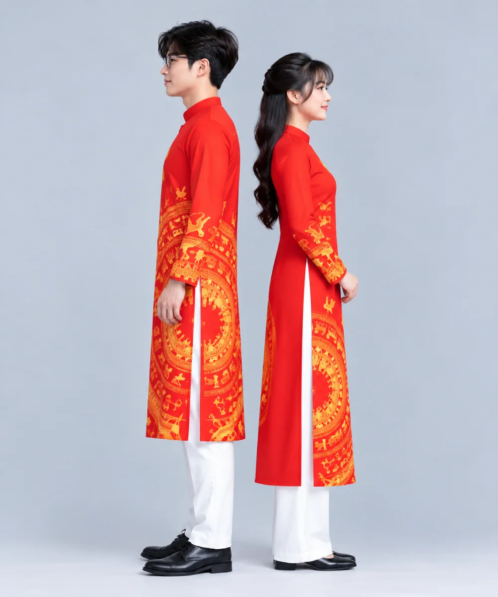 Áo Dài Cờ Đỏ Sao Vàng Vạt In Họa Tiết Trống Đồng - ảnh 4
