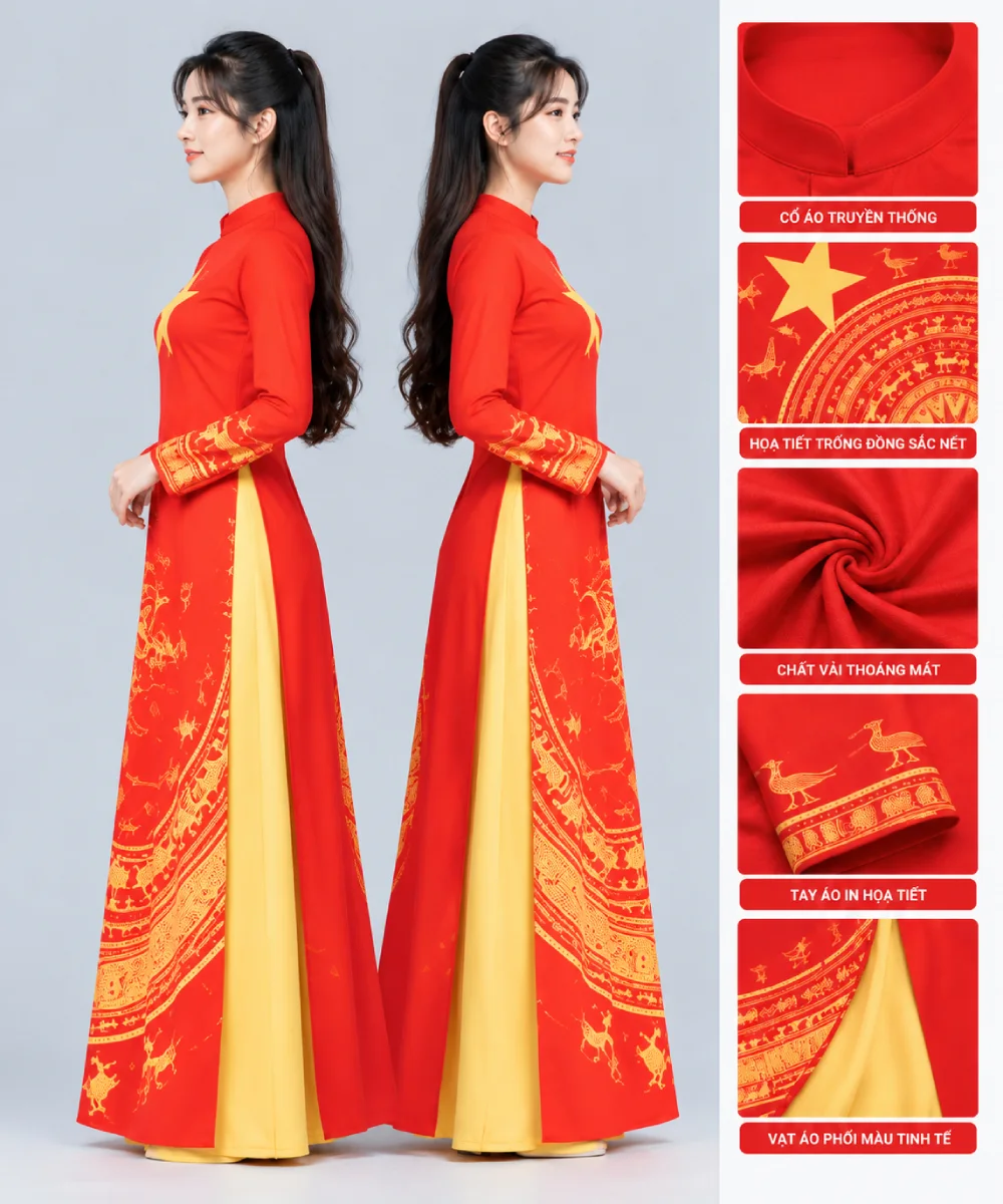 Áo Dài Cờ Đỏ Sao Vàng Vạt In Họa Tiết Trống Đồng - ảnh 5