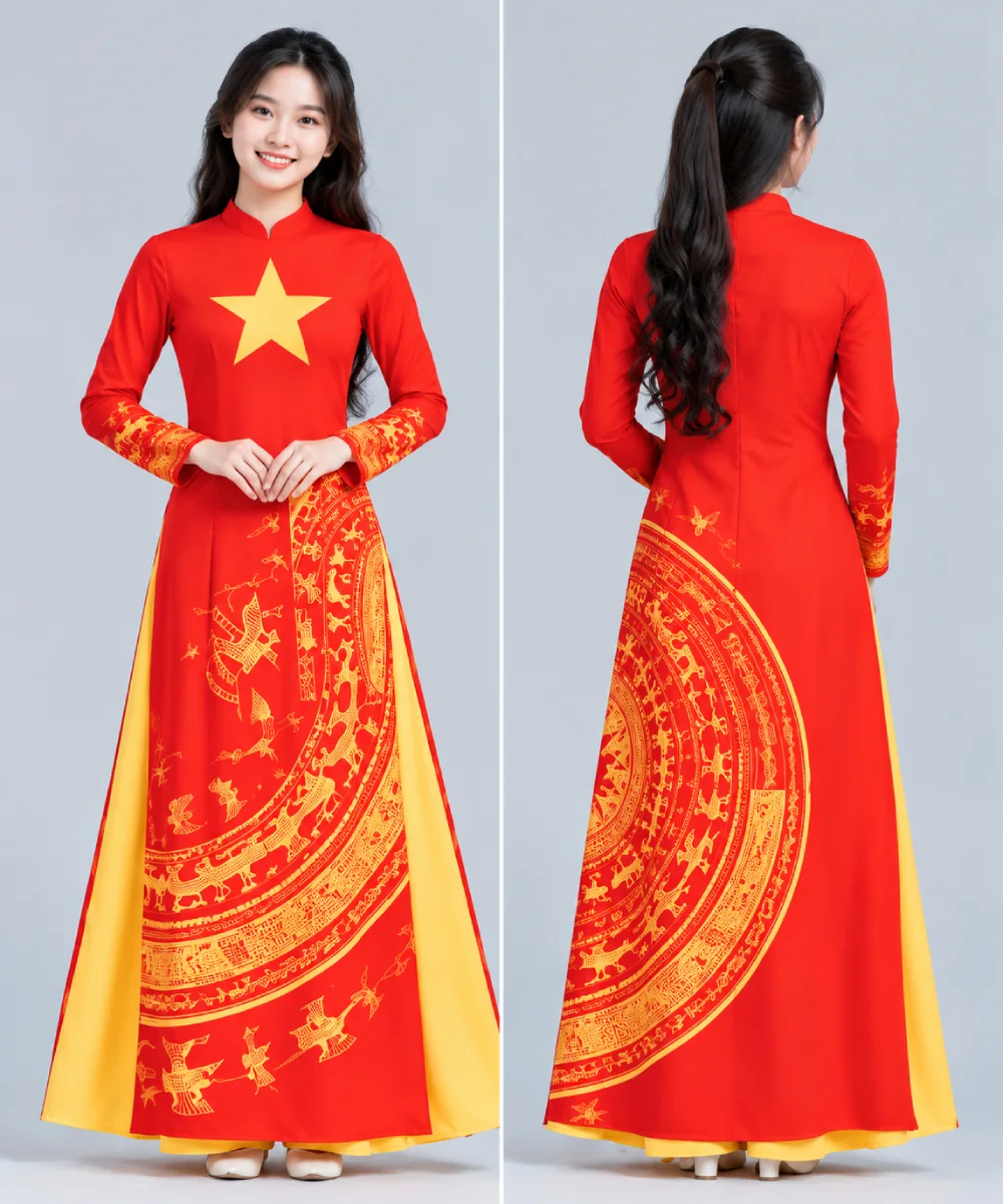Áo Dài Cờ Đỏ Sao Vàng Vạt In Họa Tiết Trống Đồng - ảnh 2