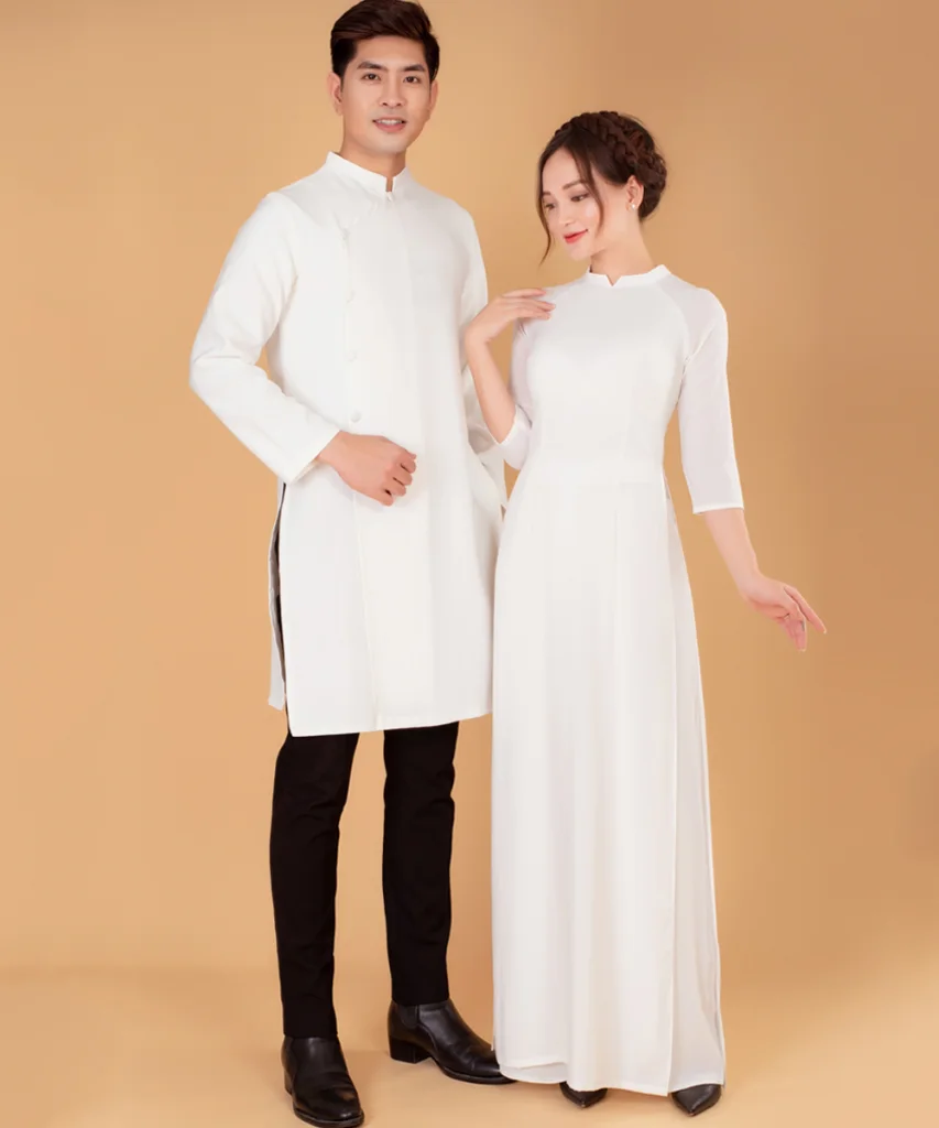 Áo Dài Đồng Phục Học Sinh Màu Trắng Cổ Trụ