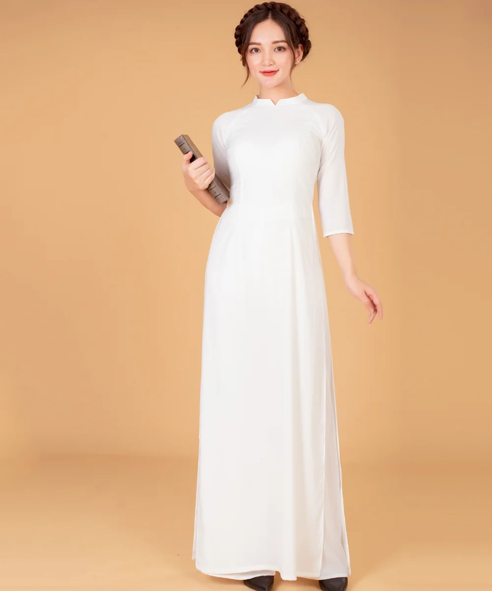 Áo Dài Đồng Phục Học Sinh Màu Trắng Cổ Trụ - ảnh 5