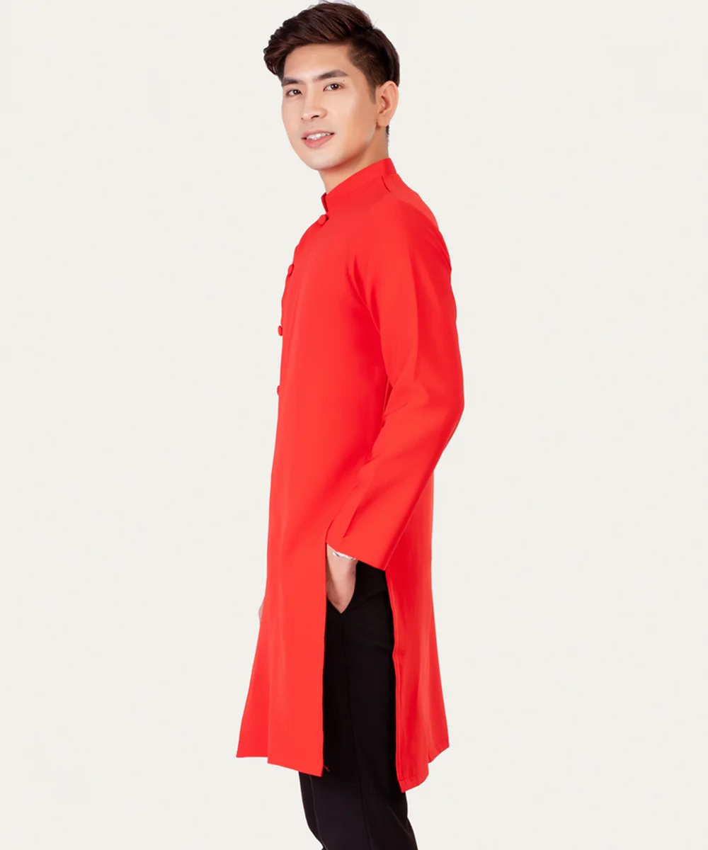 Áo Dài Đồng Phục Nam Màu Đỏ Cổ Trụ Cách Tân Tay Dài - ảnh 3