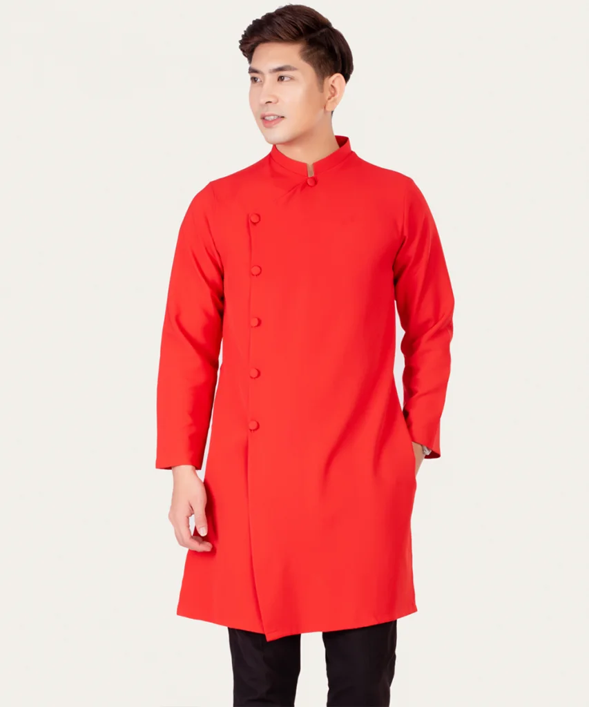 Áo Dài Đồng Phục Nam Màu Đỏ Cổ Trụ Cách Tân Tay Dài
