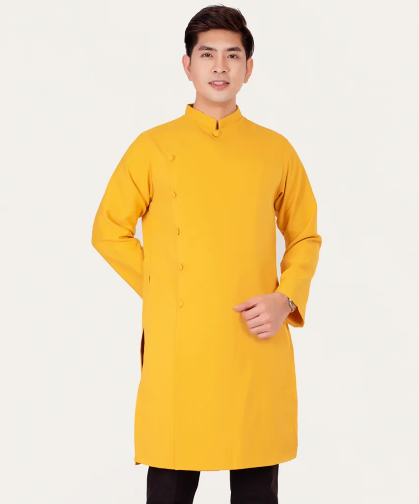 Áo Dài Đồng Phục Nam Màu Vàng Cổ Trụ Cách Tân Tay Dài
