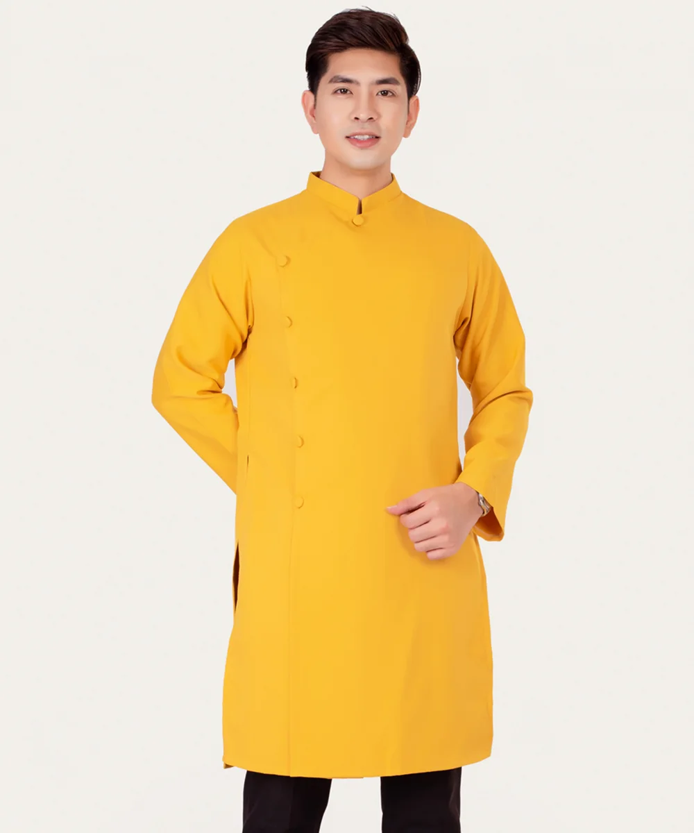 Áo Dài Đồng Phục Nam Màu Vàng Cổ Trụ Cách Tân Tay Dài
