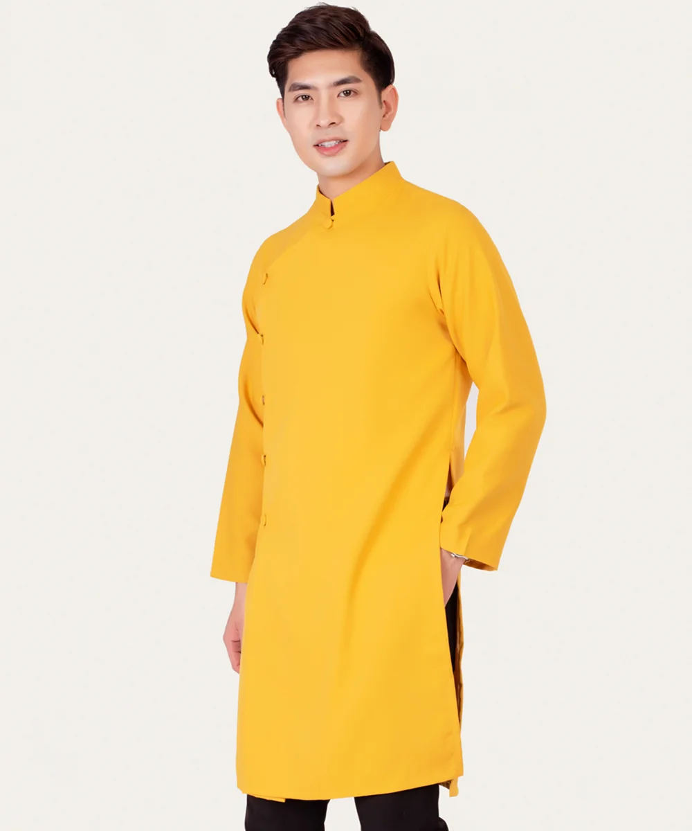 Áo Dài Đồng Phục Nam Màu Vàng Cổ Trụ Cách Tân Tay Dài - ảnh 2