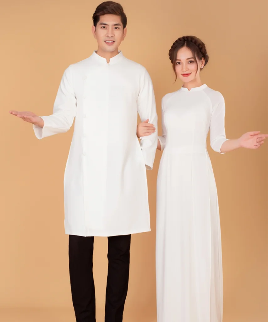 Áo Dài Đồng Phục Nam Nữ Màu Trắng Trơn Cổ Cách Tân