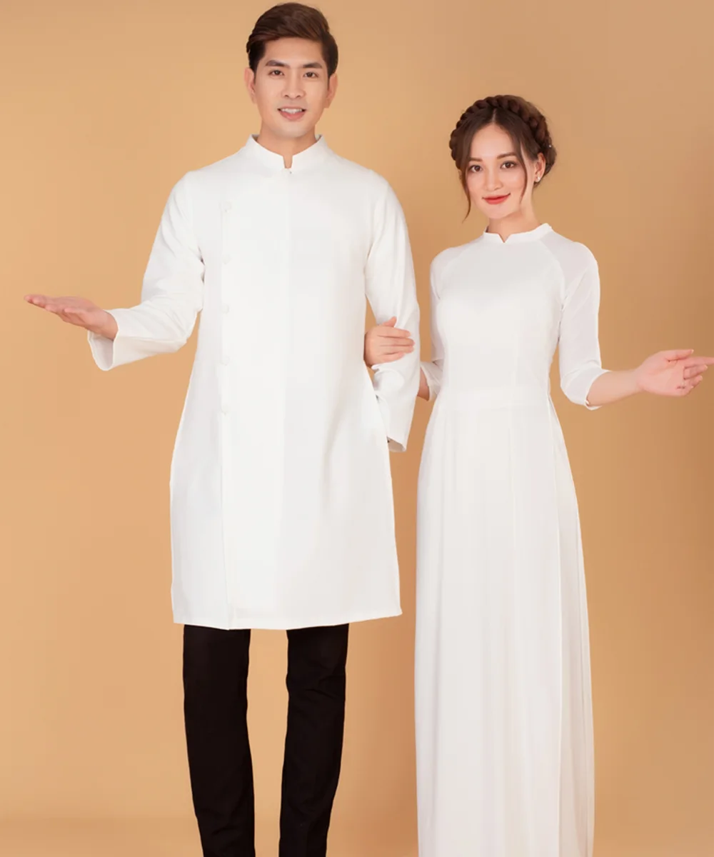 Áo Dài Đồng Phục Nam Nữ Màu Trắng Trơn Cổ Cách Tân