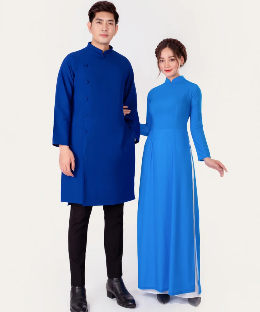 Áo Dài Đồng Phục Nam Nữ Màu Xanh Cổ Trụ