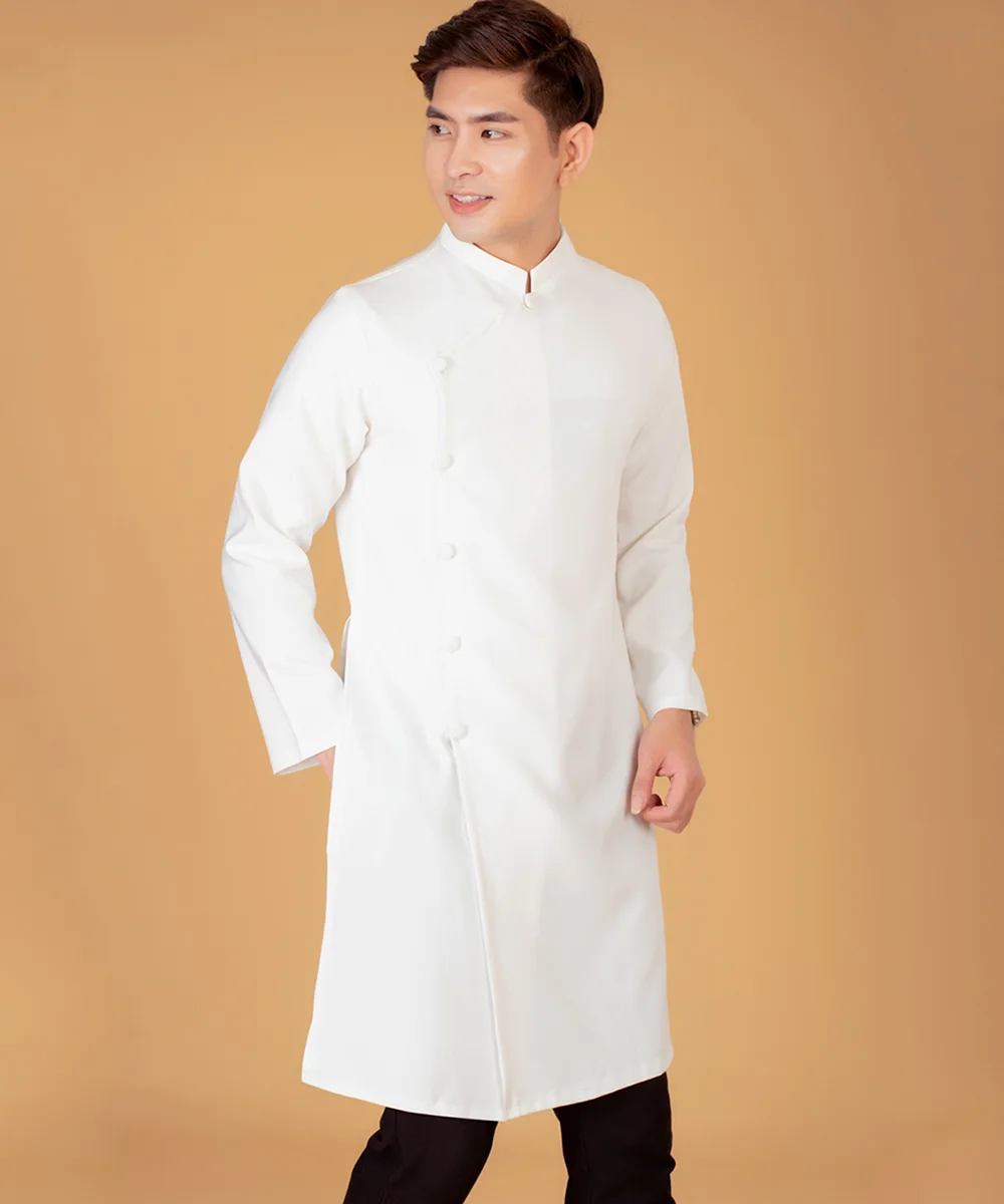 Áo Dài Nam Màu Trắng Cổ Trụ Cách Tân Tay Dài - ảnh 2