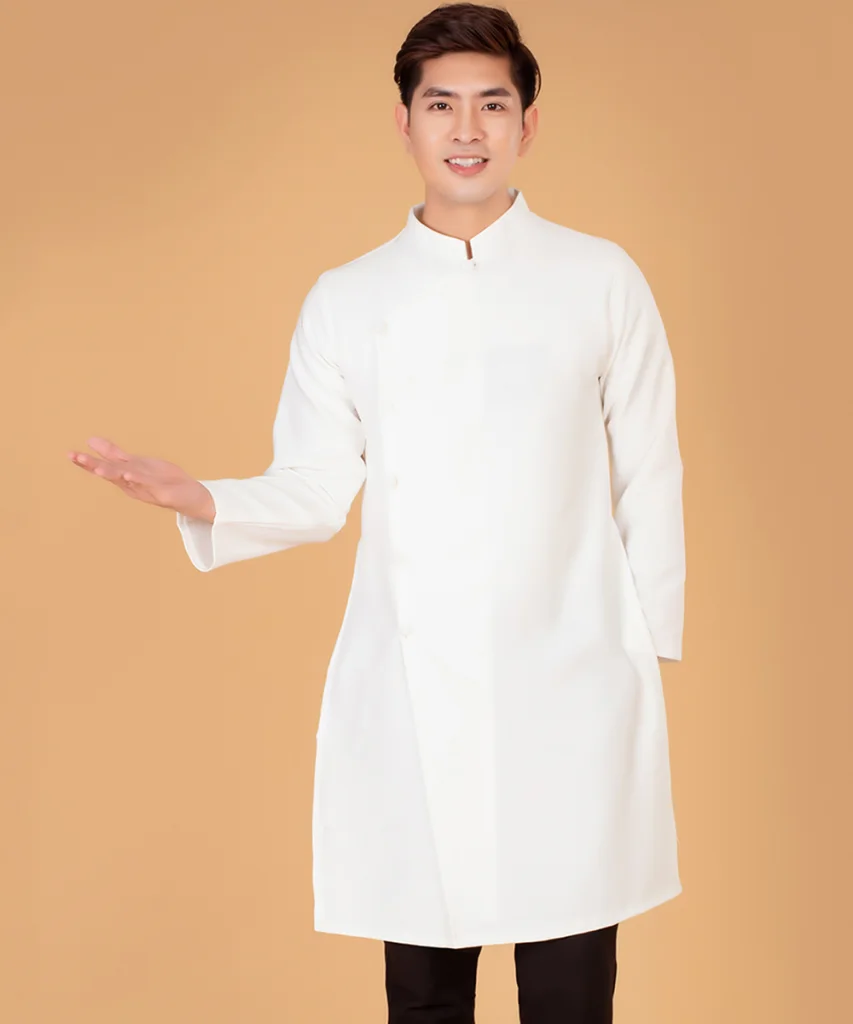 Áo Dài Nam Màu Trắng Cổ Trụ Cách Tân Tay Dài