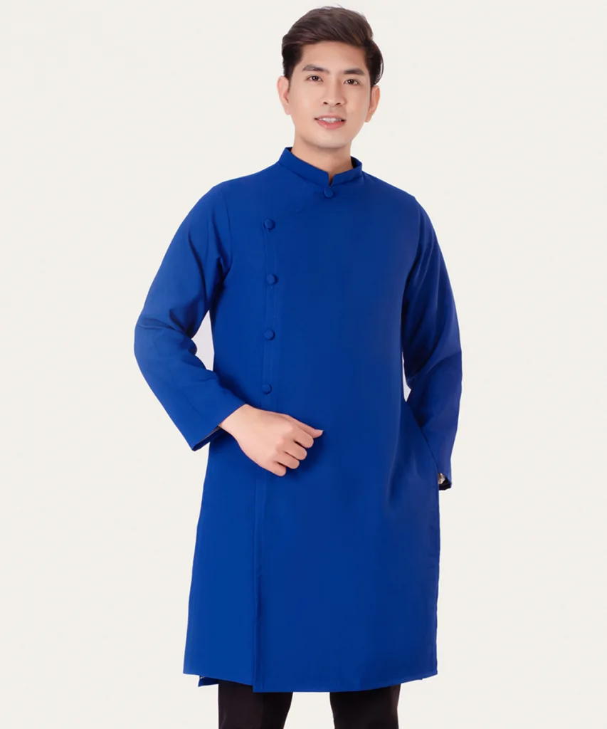 Áo Dài Nam Màu Xanh Dương Cổ Trụ Cách Tân Tay Dài