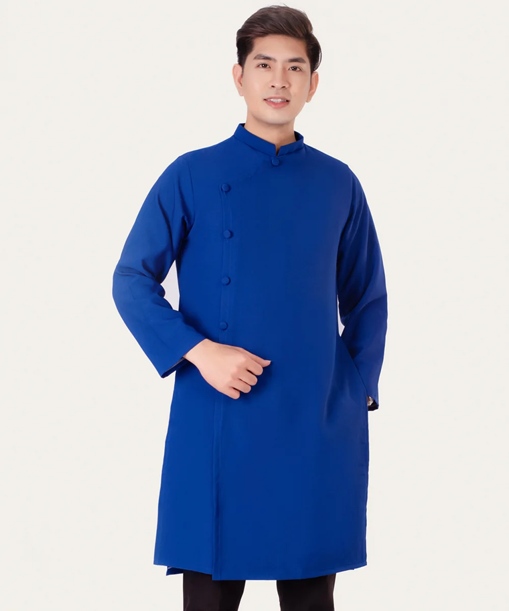 Áo Dài Nam Màu Xanh Dương Cổ Trụ Cách Tân Tay Dài