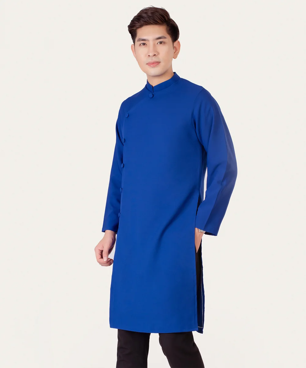 Áo Dài Nam Màu Xanh Dương Cổ Trụ Cách Tân Tay Dài - ảnh 3