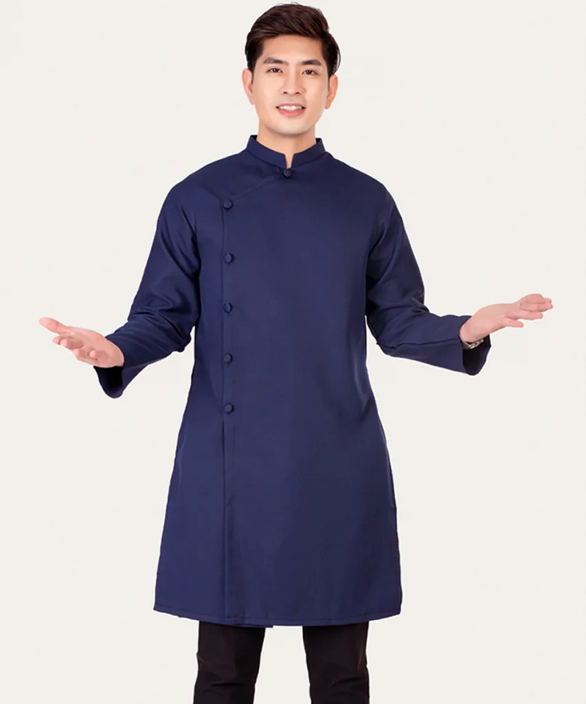 Áo Dài Nam Màu Xanh Navy Cổ Trụ Cách Tân Tay Dài