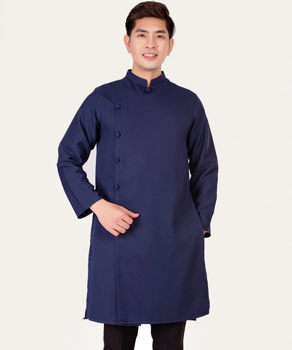 Áo Dài Nam Màu Xanh Navy Cổ Trụ Cách Tân Tay Dài - ảnh 2
