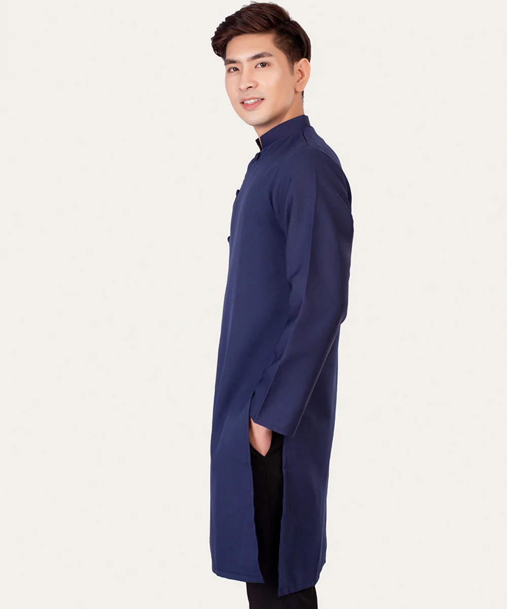 Áo Dài Nam Màu Xanh Navy Cổ Trụ Cách Tân Tay Dài - ảnh 3