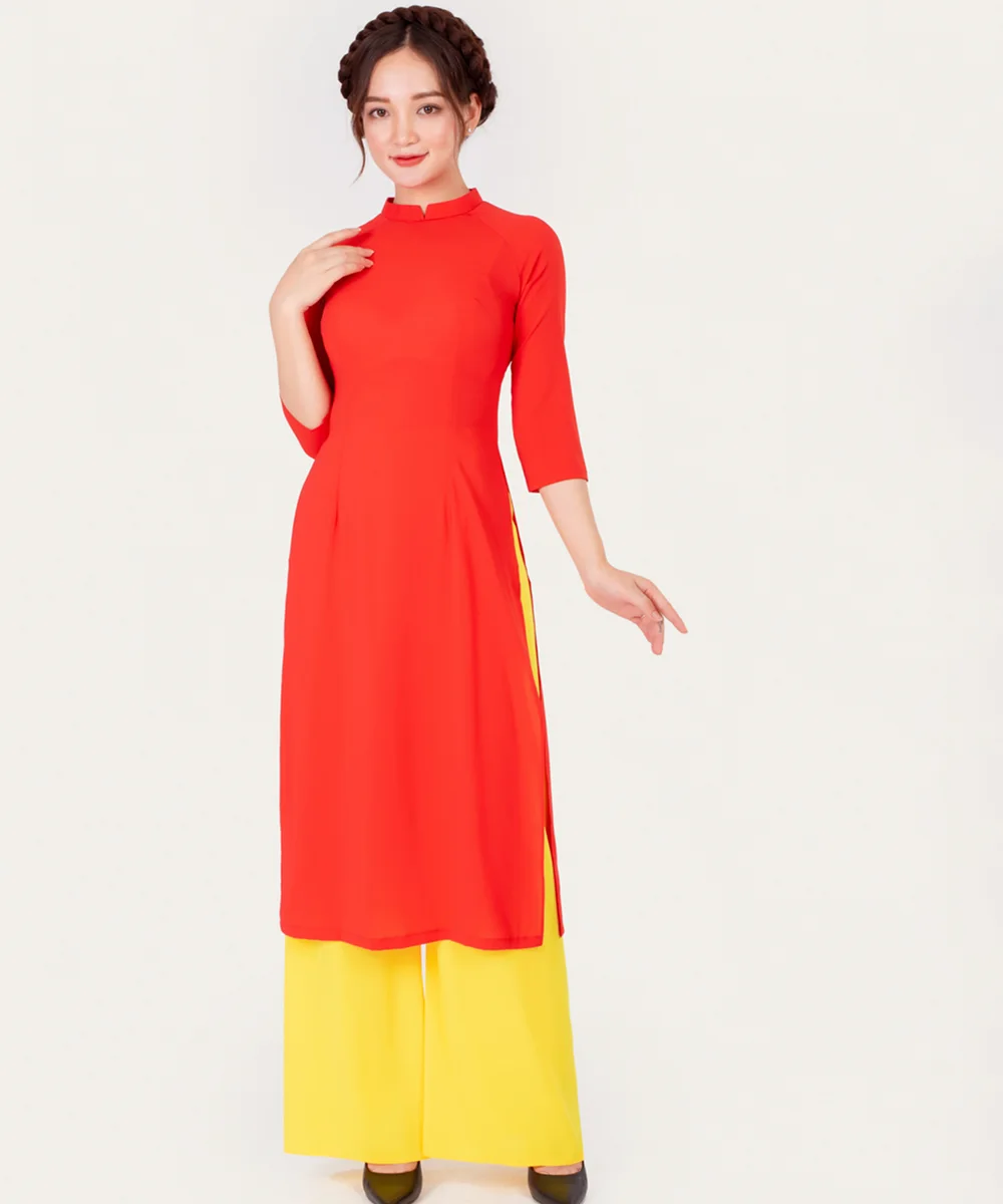 Áo Dài Nữ Cách Tân Màu Đỏ Trơn Cổ Cách Tân