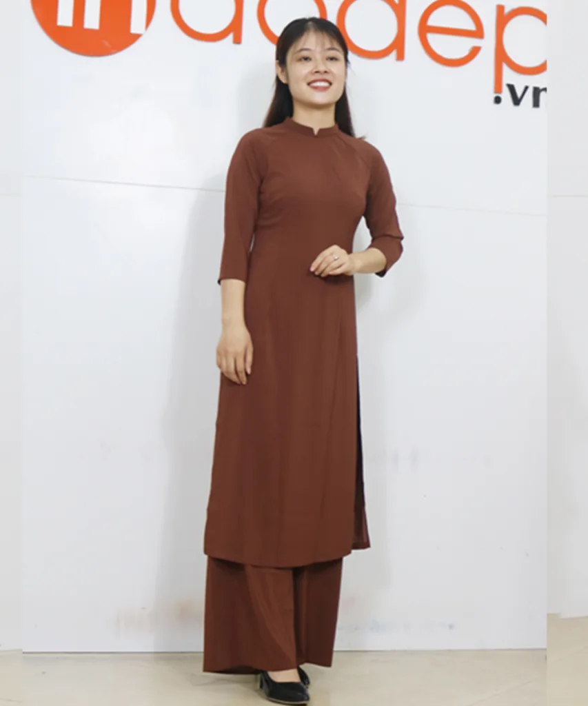 Áo Dài Nữ Cách Tân Màu Nâu Trơn Cổ Trụ Tay Lỡ