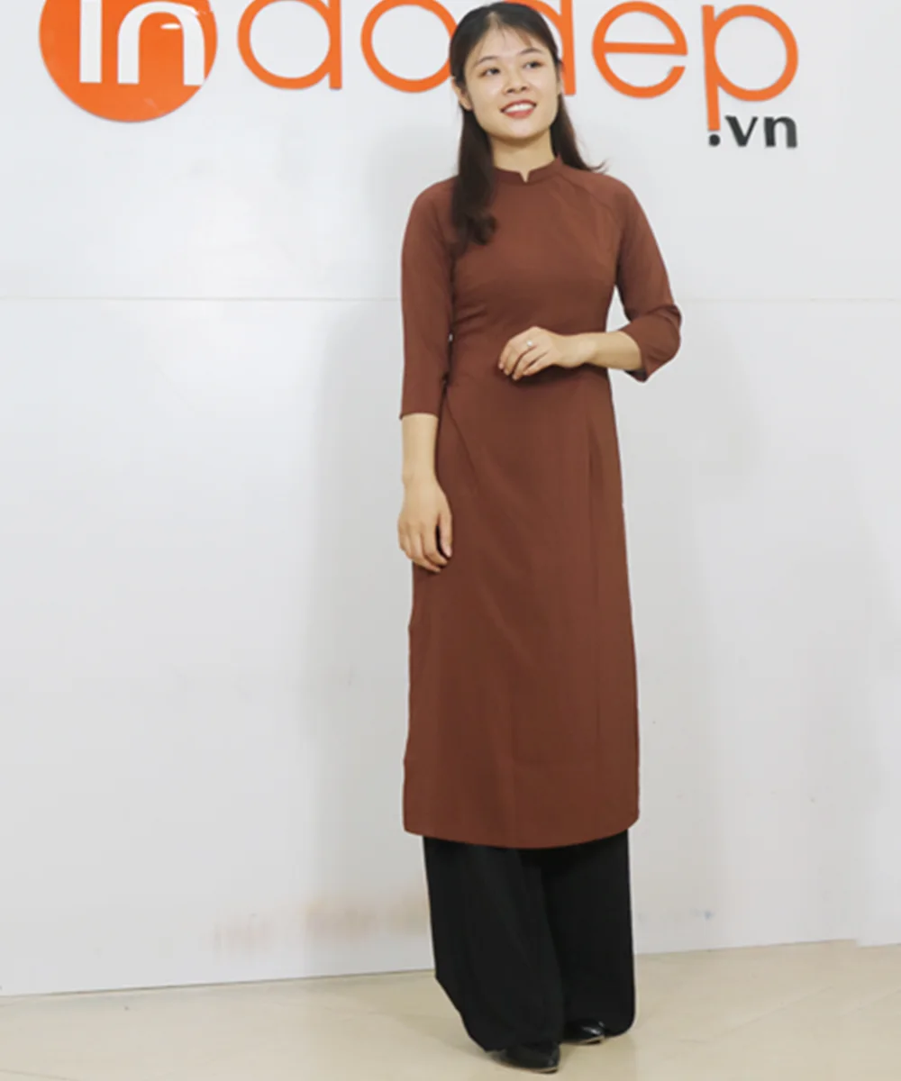 Áo Dài Nữ Cách Tân Màu Nâu Trơn Cổ Trụ Tay Lỡ - ảnh 3
