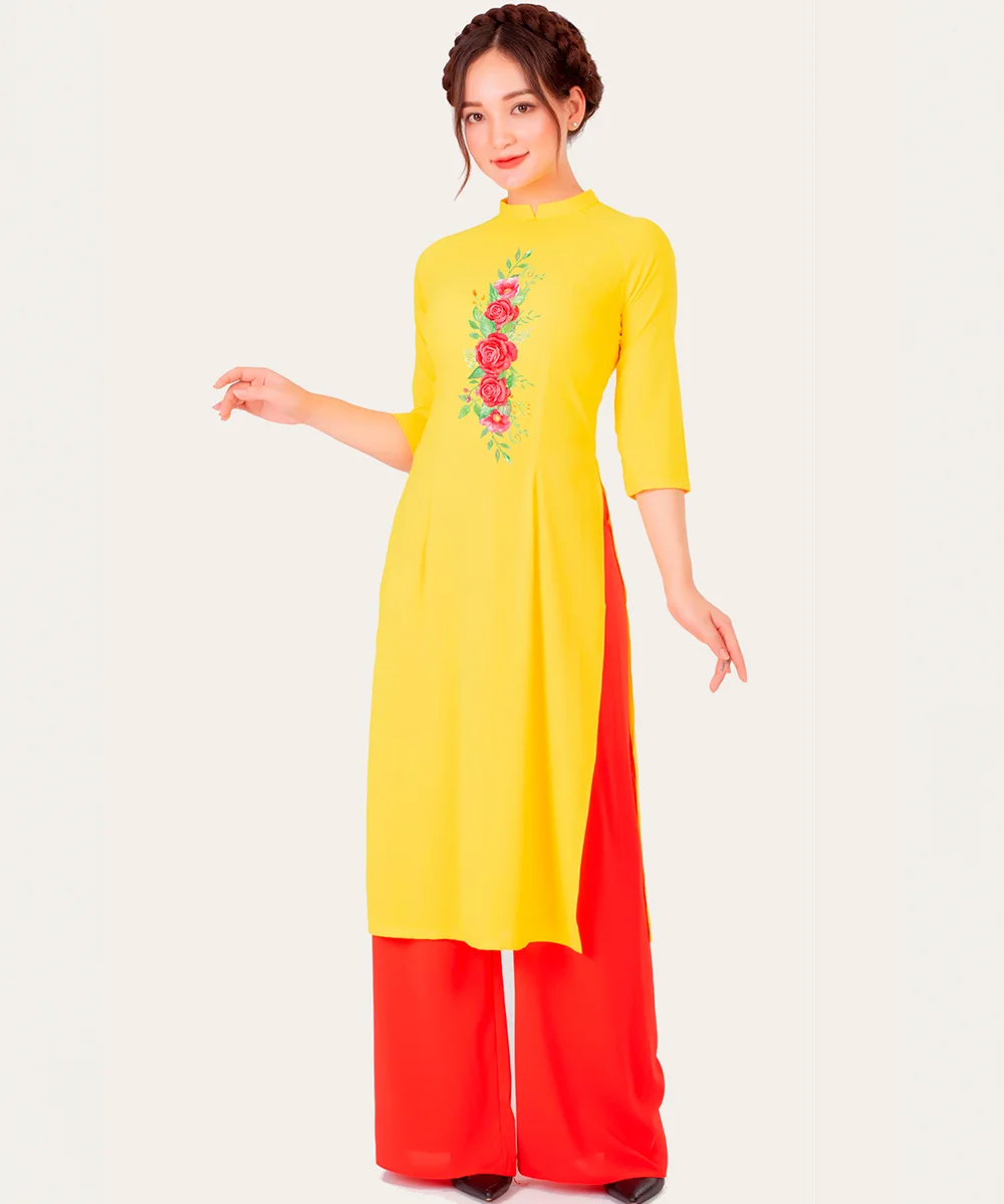 Áo Dài Nữ Màu Vàng Cổ Trụ Cách Tân Tay Lỡ - ảnh 2