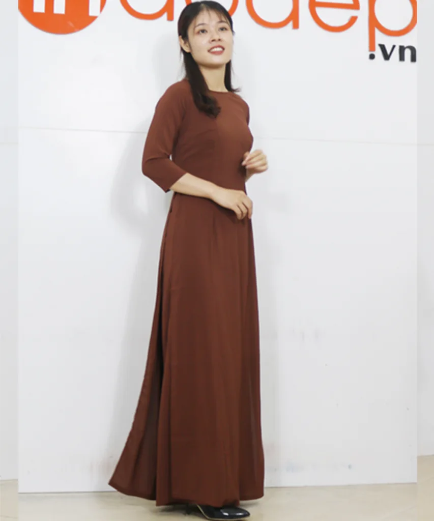 Áo Dài Nữ Truyền Thống Màu Nâu Trơn Cổ Tròn Tay Lỡ