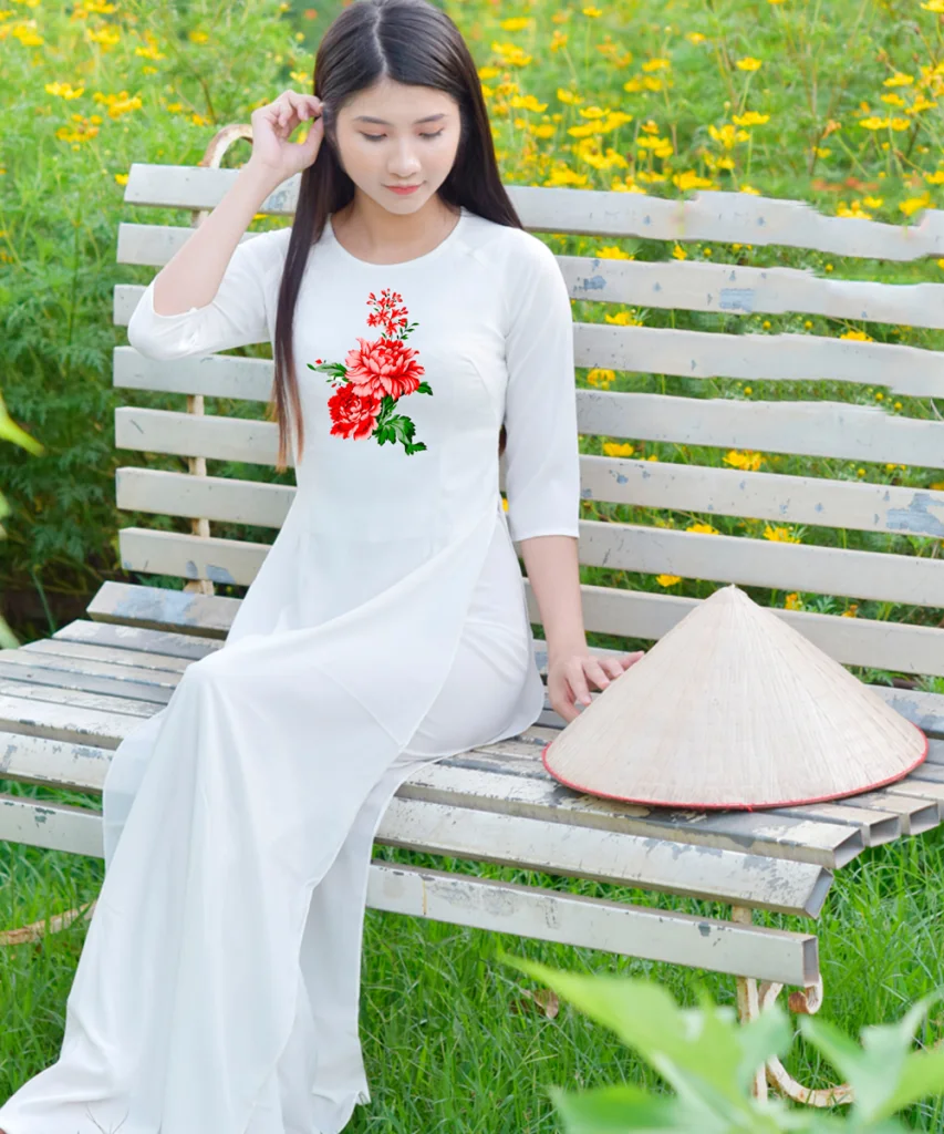 Áo Dài Nữ Truyền Thống Màu Trắng Cổ Tròn Tay Lỡ