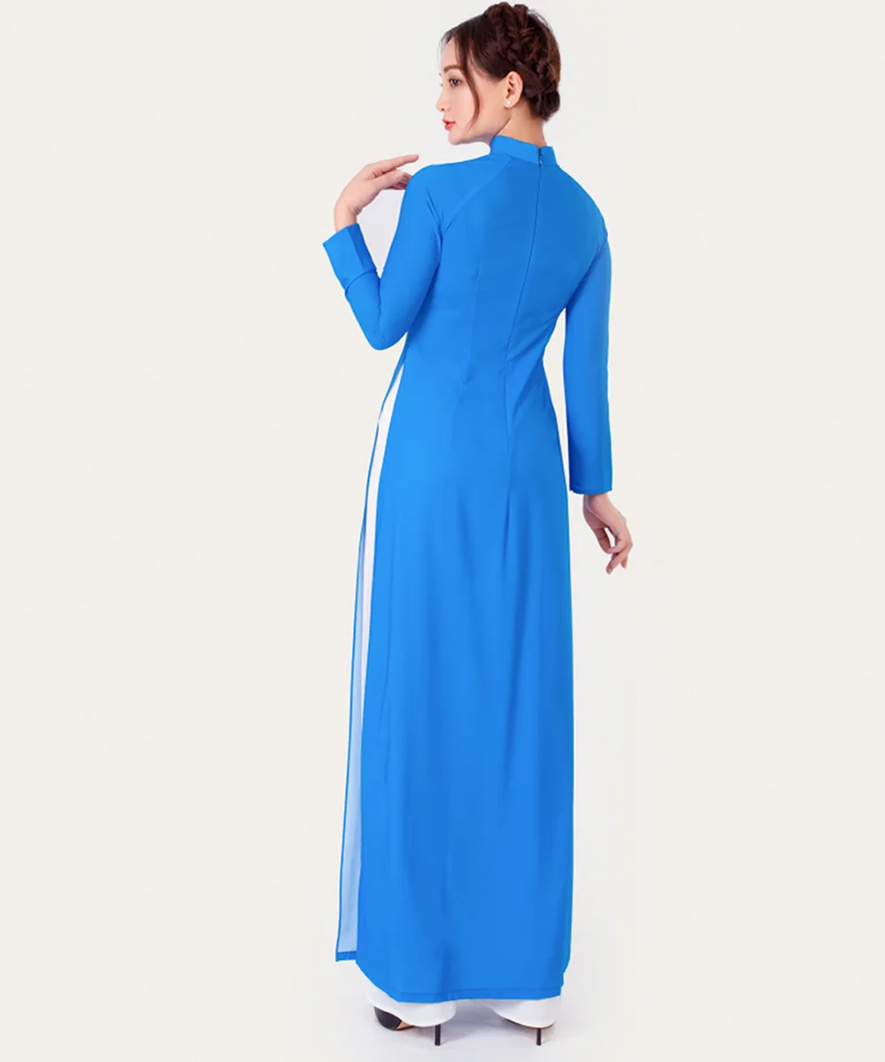 Áo Dài Nữ Truyền Thống Màu Xanh YA Cổ Trụ Tay Dài - ảnh 3