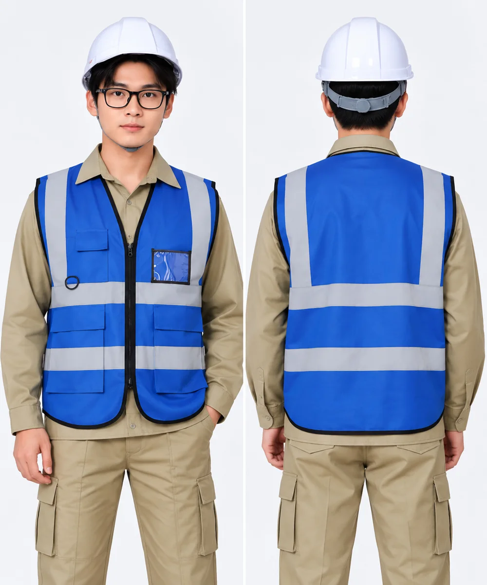Áo gile bảo hộ màu xanh dương phản quang xám an toàn - ảnh 4