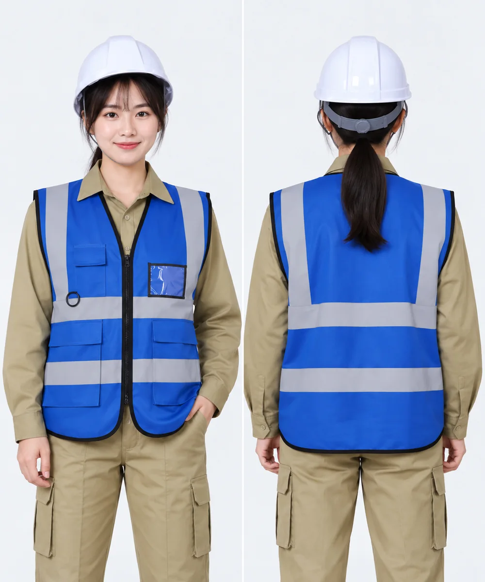 Áo gile bảo hộ màu xanh dương phản quang xám an toàn - ảnh 3