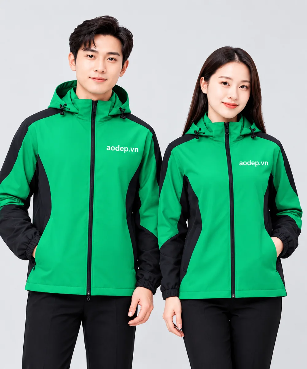 Áo Khoác Đồng Phục Màu Xanh Lá Phối Đen Có Mũ