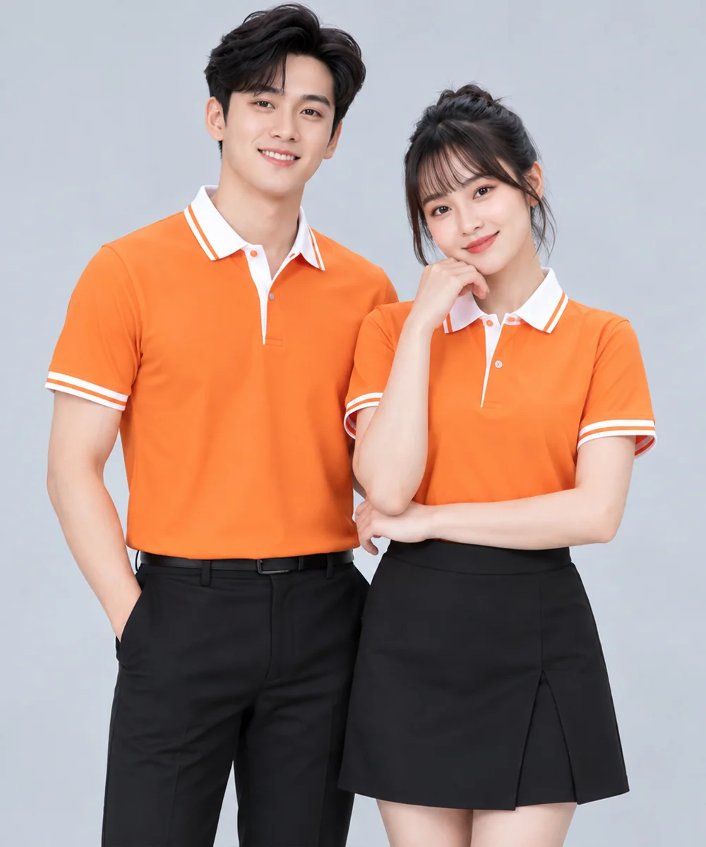 Áo Polo Đồng Phục Màu Cam Cổ Phối Trắng Viền Tay Trắng
