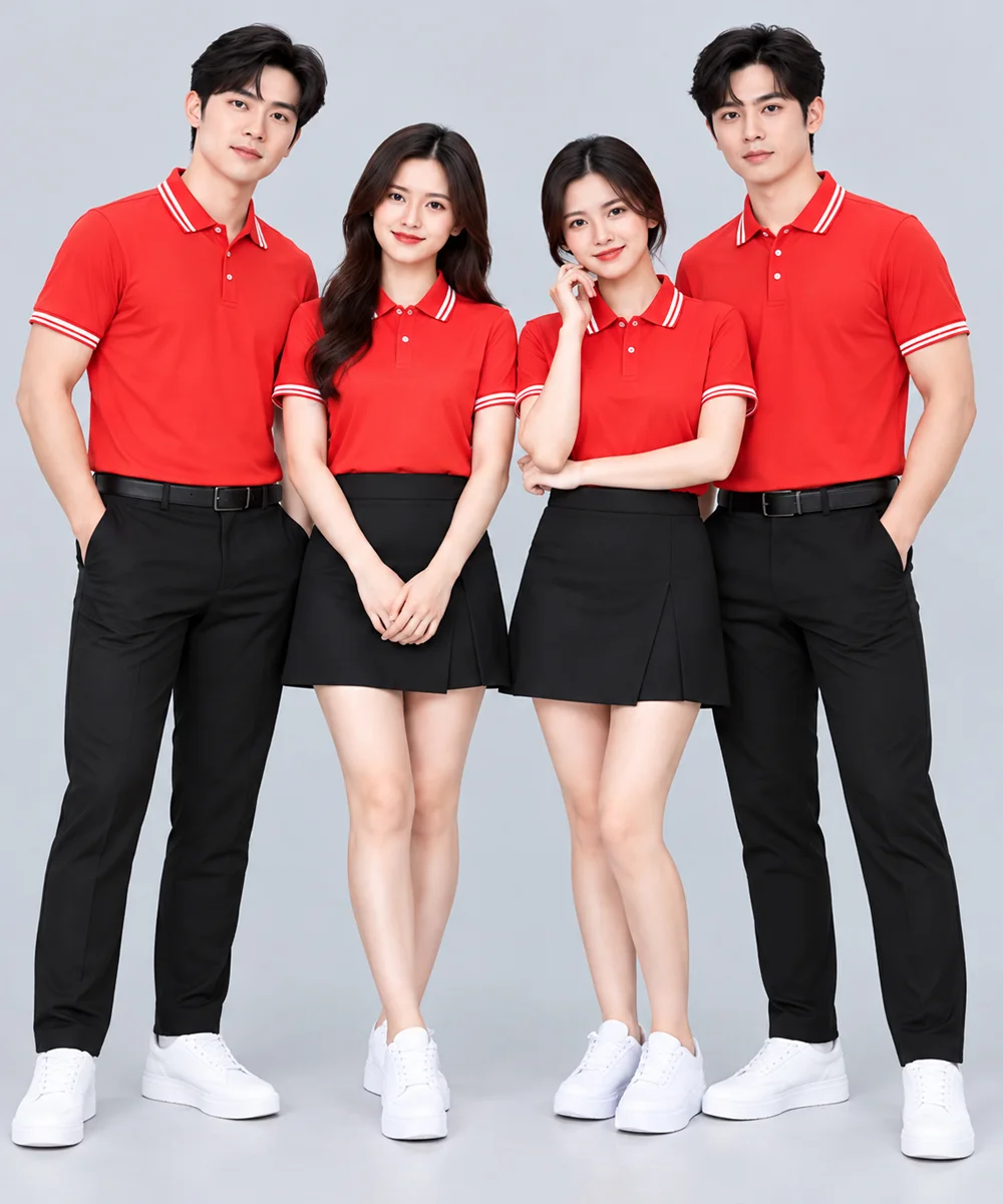 Áo Polo Đồng Phục Màu Đỏ Phối 2 Viền Trắng Cổ Tay - ảnh 2