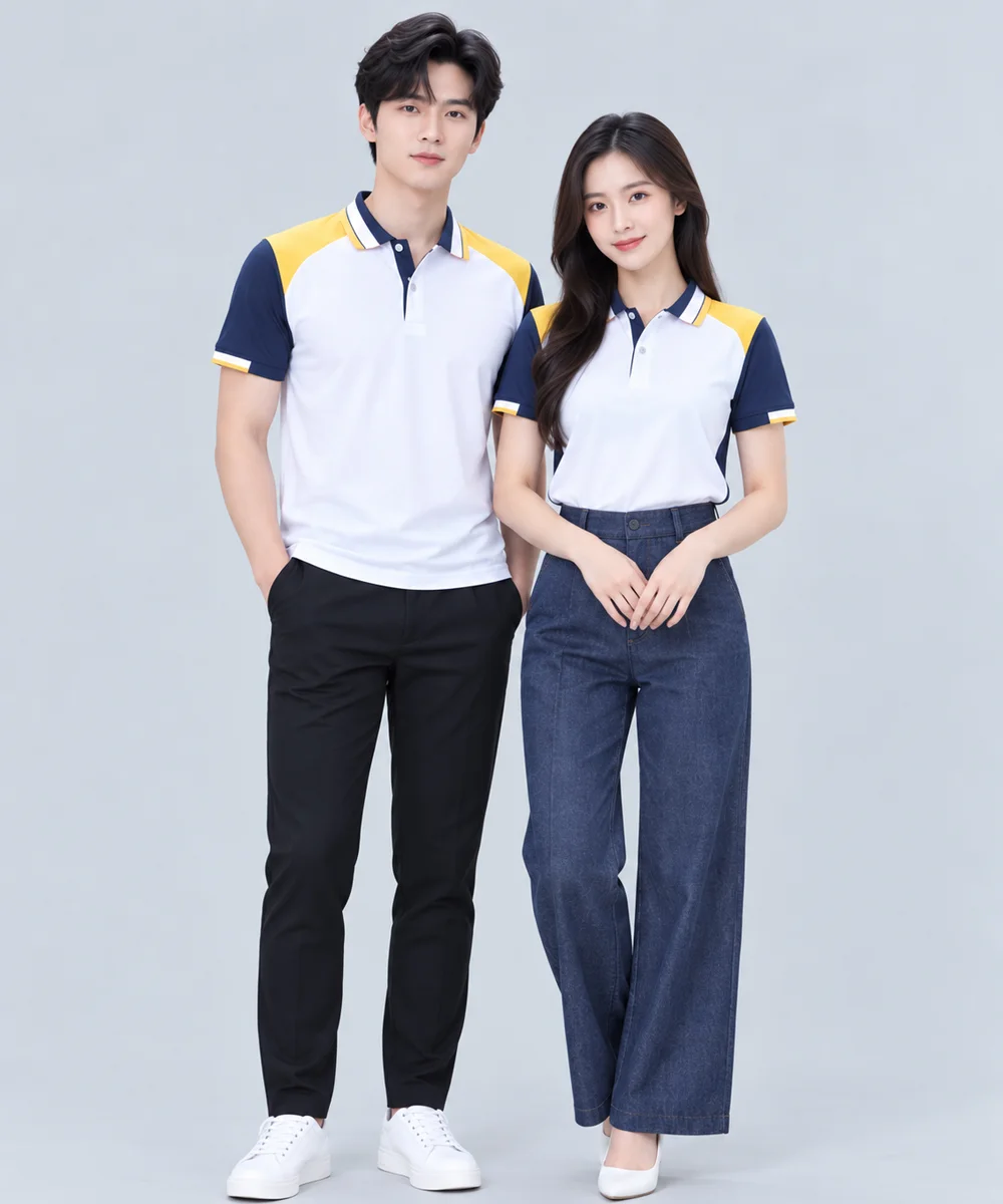 Áo Polo Đồng Phục Màu Trắng Phối Tay Xanh Navy Cầu Vai Vàng - ảnh 3