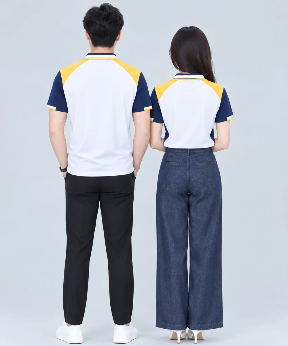 Áo Polo Đồng Phục Màu Trắng Phối Tay Xanh Navy Cầu Vai Vàng - ảnh 4